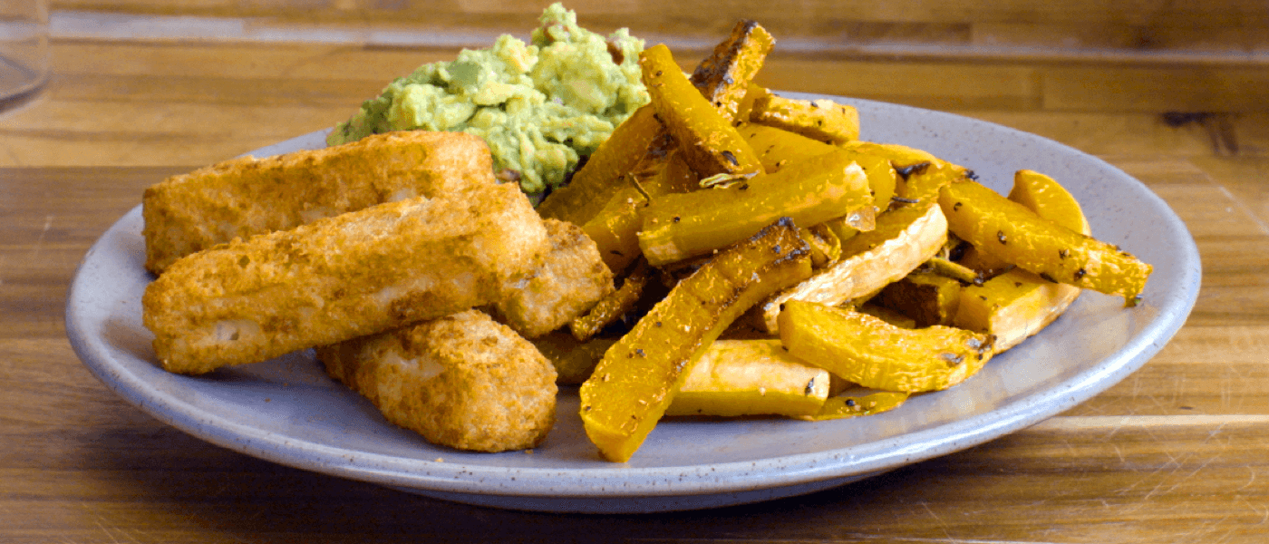 Fish Fingers with Smashed Lime and Chilli Avocado & Butternut