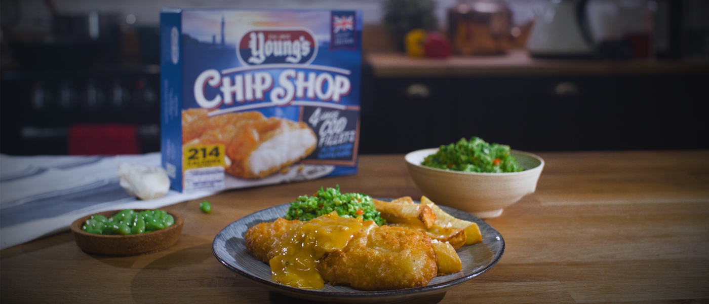 Chip Shop Cod with Katsu Curry Sauce, Chunky Chips & Edamame Bean & Pea